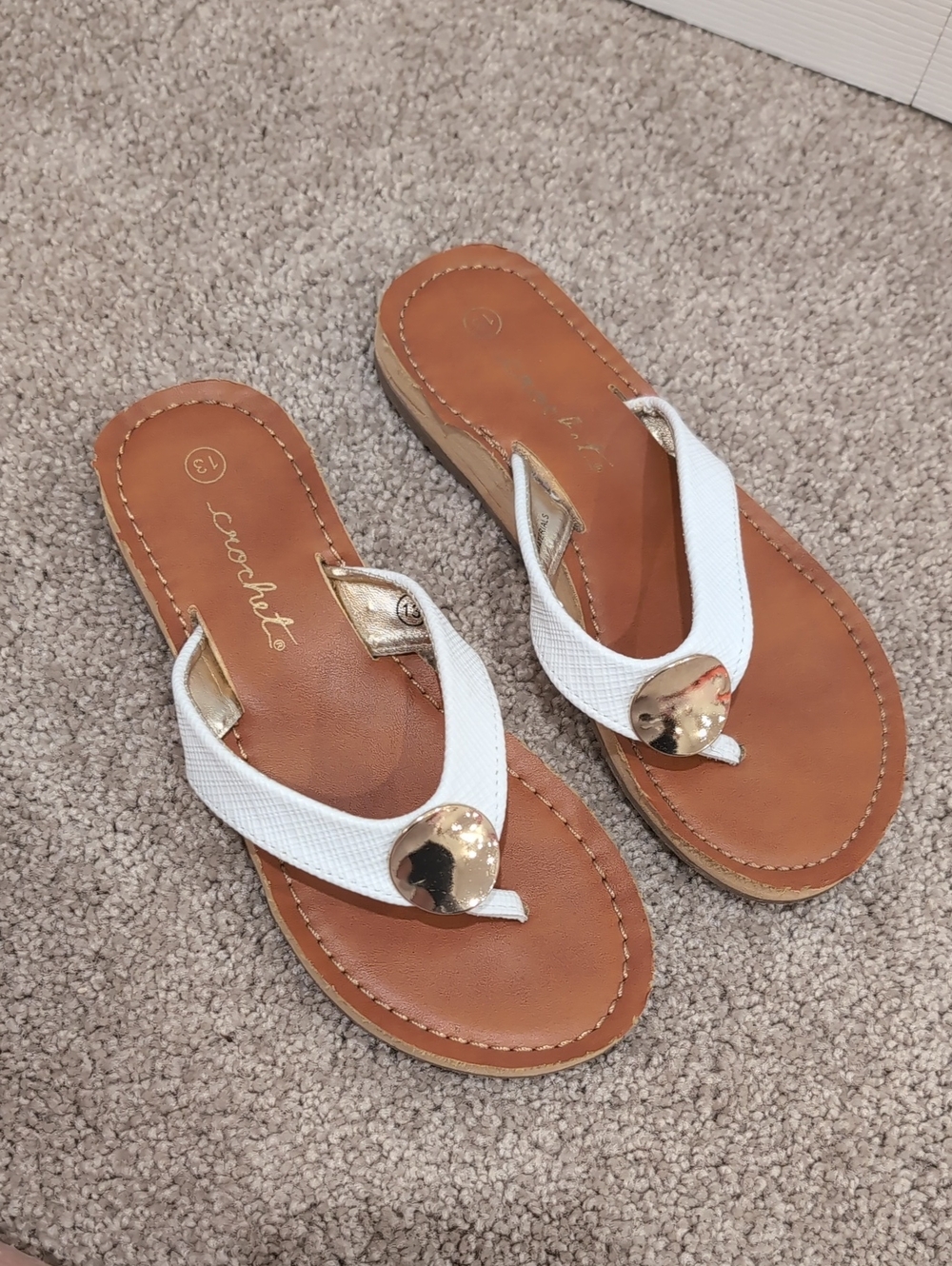 Scala White and Tan Kids' Flip Flop Sandals with Gold Accent